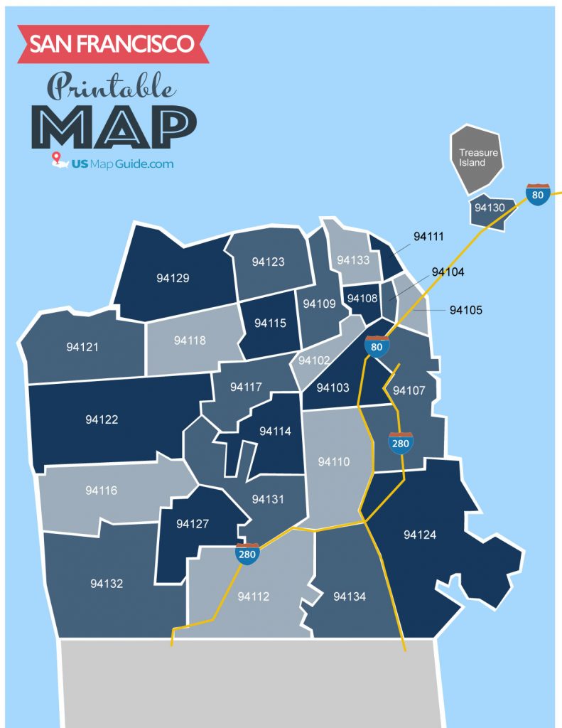 Printable San Francisco zip code map.